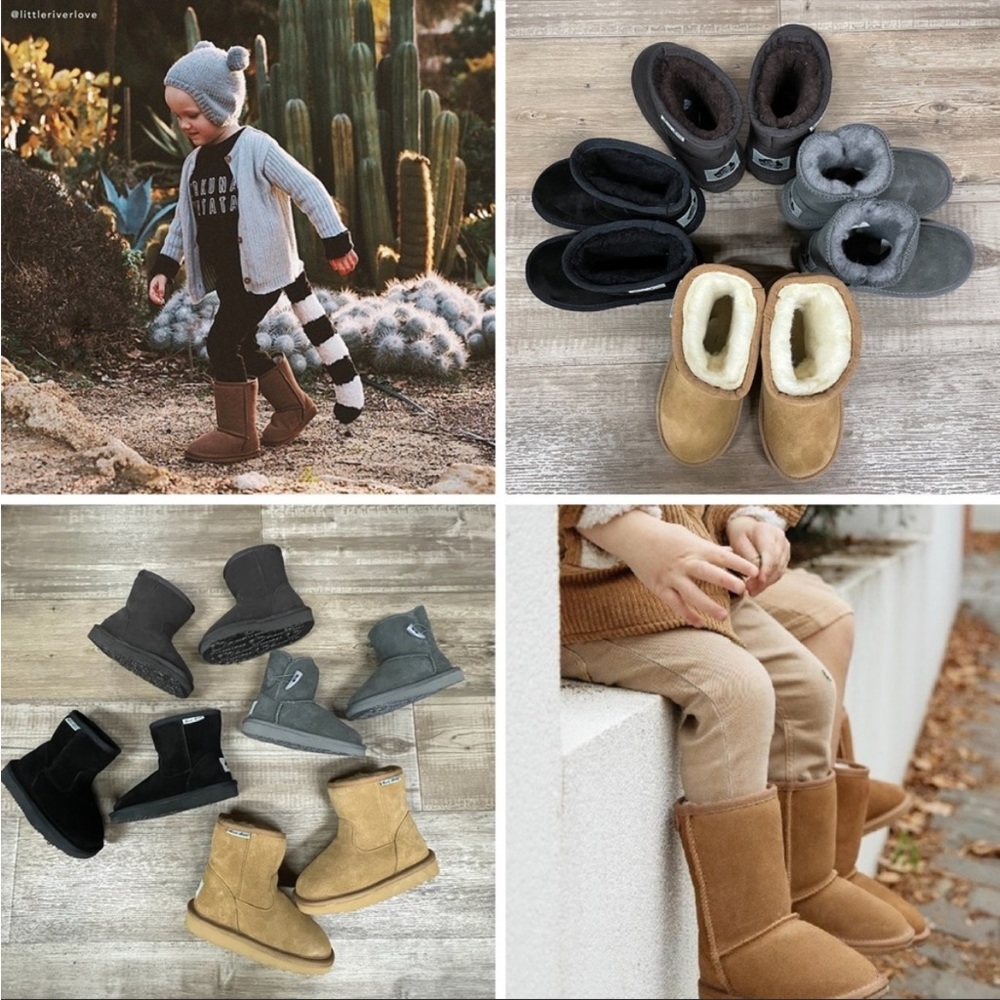 Aussie Merino Kids tan and dark gray suede winter boots.